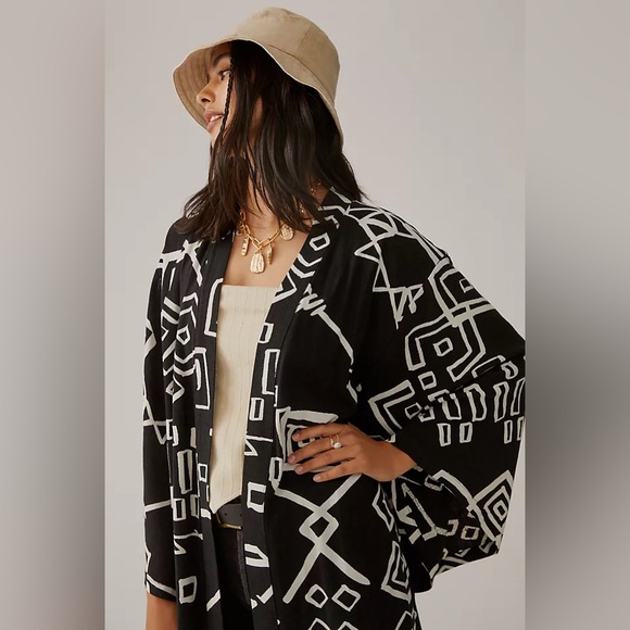 Anthropologie Kimino Inspired Long Sleeve Graphic Duster One Size Linen Blend - Picture 2 of 8